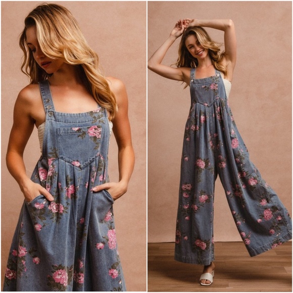 Bibi Floral Print Dark Wash Pockets Wide leg Denim Bib jumpsuit - Picture 2 of 5